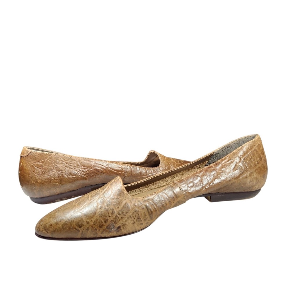 Vintage Brown Croc Embossed Leather Flats Pointed Toe Minimalist Prep Slip On 10
